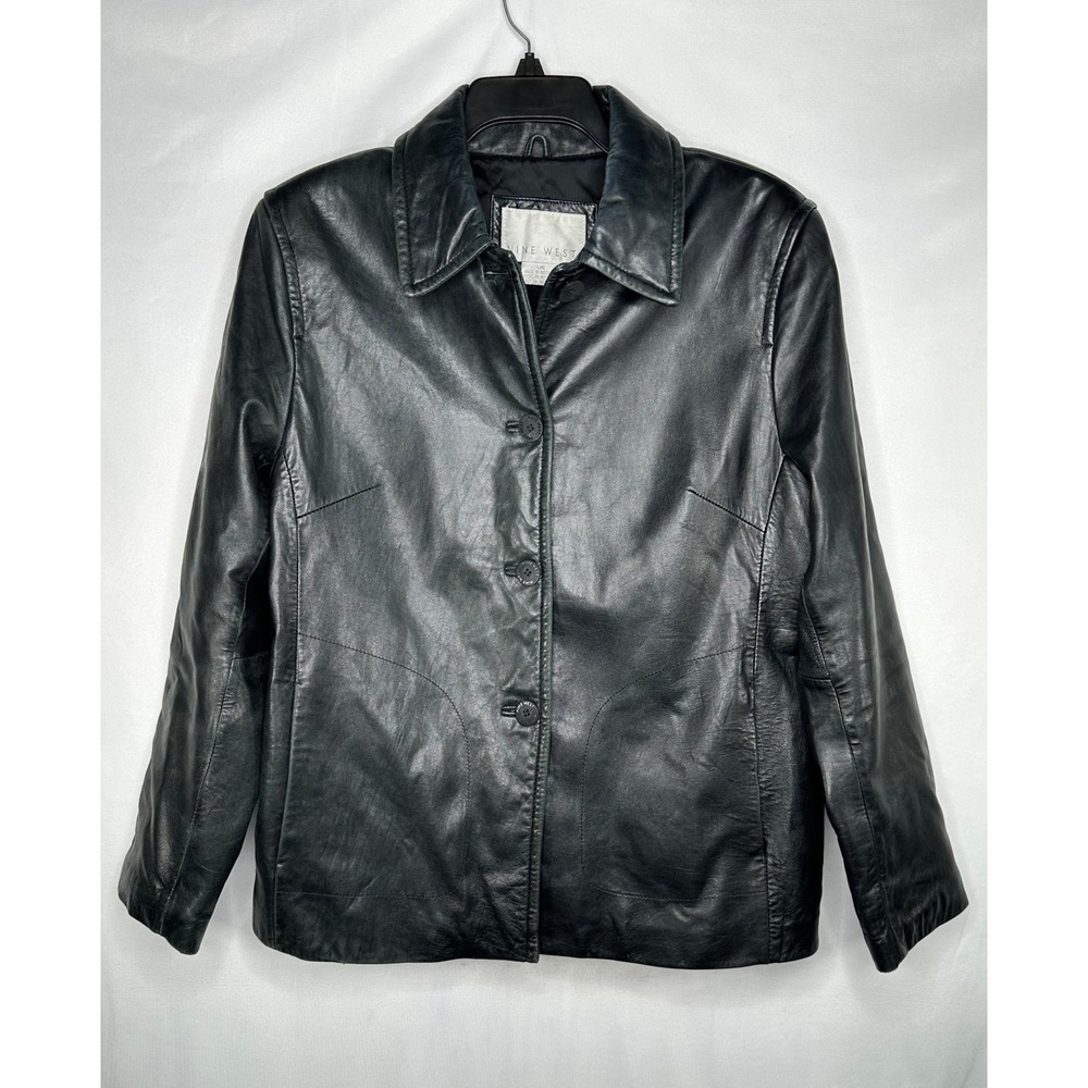 Nine West Womens Black Genuine Leather Button Front Blazer Jacket Y2K Sz Large